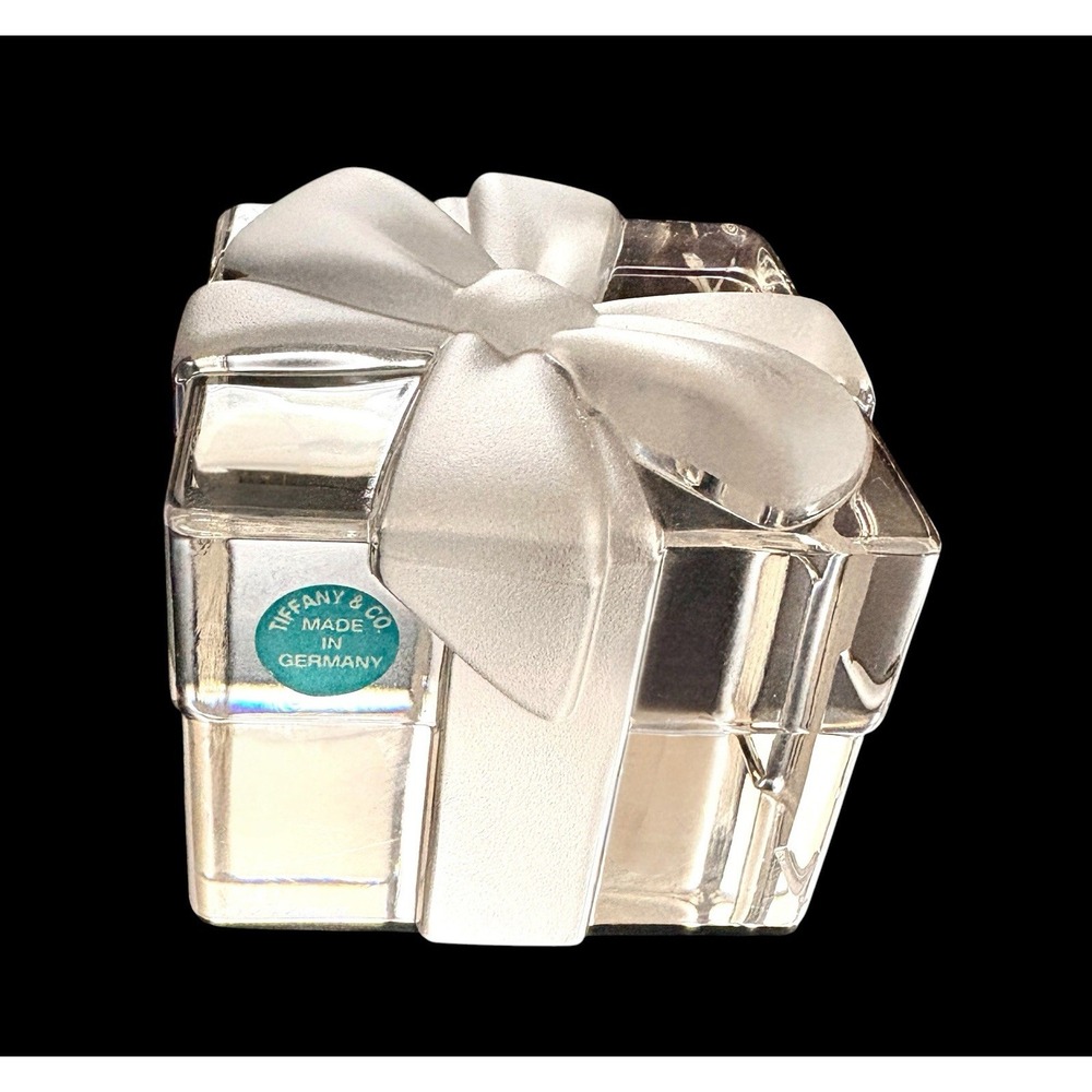 Vintage Tiffany & Co Crystal Gift‎ Box Paperweight Frosted Bow Signed